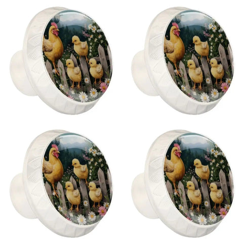 4 Pack White Dresser Knobs Set With Flower And Chicken Fence Patterns, featuring decorative chicken and flower accents