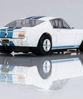Rear view of 1965 Shelby GT350 HO Scale Slot Car White And Blue For Mega G Plus Chassis Track Ready Drivable Model