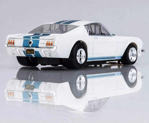 Rear view of 1965 Shelby GT350 HO Scale Slot Car White And Blue For Mega G Plus Chassis Track Ready Drivable Model