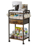 Compact Coffee Bar Cart With Secure Drawer And Hanging Mug Rack Real Cool Three Tier Station in black with coffee maker and supplies.