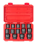 Red carrying case open showing 14-piece Beefy Half Inch Drive Shallow 6 Point Impact Socket Set with case, 25-38 mm, dual marked for easy ID.