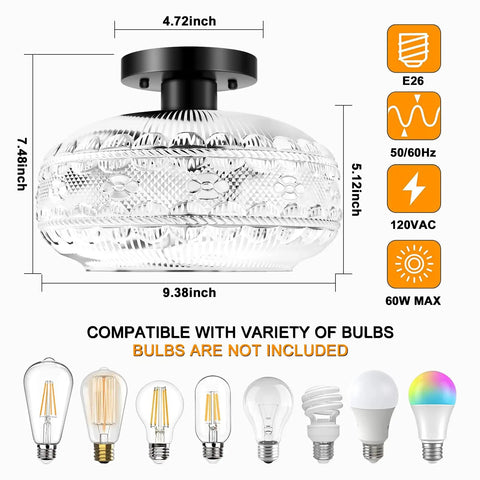 Vintage Black Globe Glass Ceiling Light Fixture, Semi Flush Mount with detailed shades and bulb compatibility chart shown.