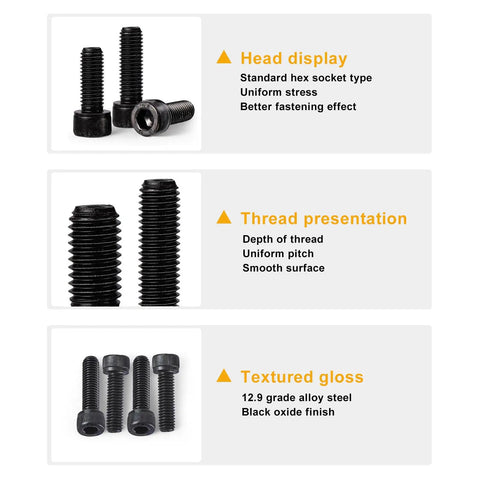 Heavy Duty M5 Hex Socket Cap Screws Bolts Nuts Kit 50 Pcs Set 50mm 60mm 70mm 80mm Fully Threaded 12.9 Grade Alloy Steel Black Oxide Finish