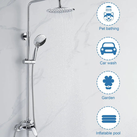 Extra Long 79 Inch Stainless Steel Shower Hose For Handheld Shower Heads shown with shower and icons for use