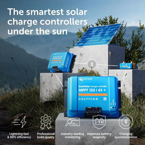 SmartSolar MPPT Charge Controller With Bluetooth For 12 24 36 48V Solar Systems Power Up 150V Input 45A Output displayed outdoors
