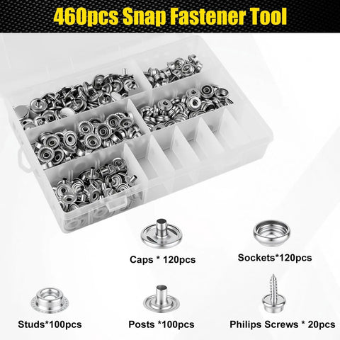 Badass Hand Press Plier With Three Interchangeable Dies And A Massive 120 Piece 15mm Stainless Steel Snap Fastener Kit For Denim Canvas Leather And Thick Fabric Repair Projects with assorted snaps in organizer