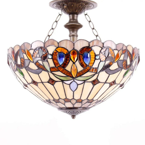 Tiffany Style Ceiling Light Fixture With Victorian Stained Glass Look Semi Flush Mount Lamp 16 Inch Shade 15 Inch Height