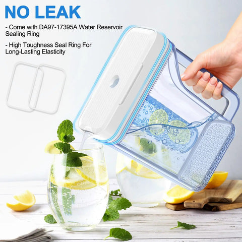 Hand pouring water from Upgraded DA97-17395A Water Pitcher Reservoir Replacement into glass with lemons, showcasing no leak feature.