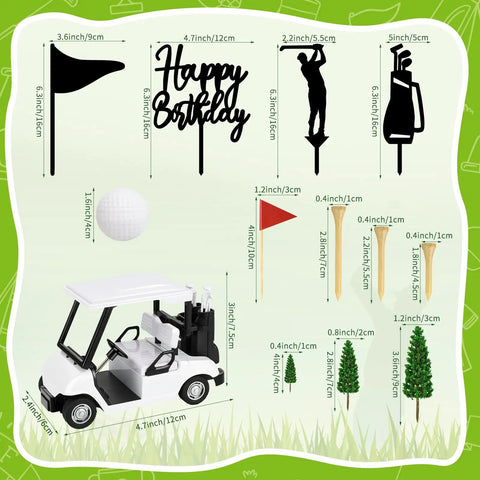 21 Piece Golf Cake Decorations Kit Featuring Mini Golf Cart Toy Acrylic Flags And Lush Green Trees for golfer birthday cake.