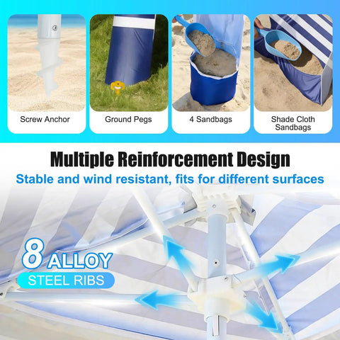 Reinforcement features of Eight By Eight Foot Beach Cabana Tent With Sun Shield UPF 50 Plus showing anchors and steel ribs.