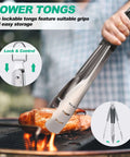 Power Tongs stainless steel grill tongs with locking mechanism for easy storage on a barbecue grill