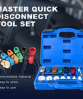 22 Piece Quick Disconnect Tool Set For Fuel Lines, AC And Transmission Systems in blue case with colorful tools visible.