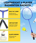 Outdoor Badminton Net Set With Anti Sag Winch System For Tournament Tightness Official Size Twenty Feet By Five Feet Includes Four Rackets Three Shuttlecocks Durable PE Net And Carry Bag For Backyard Beach And Family Games Yellow. Image of lightweight 4-player badminton rackets and shuttlecocks.