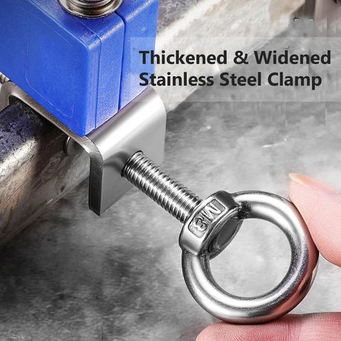 Heavy Duty Pro Grade Cable Tray Roller Guide For Quick Wire Laying And Pulling In Construction Projects With A 65mm Opening And Reinforced Stainless Steel Clamps For Easy Glide Reliable Cable Routing close-up of stainless steel clamp on blue guide