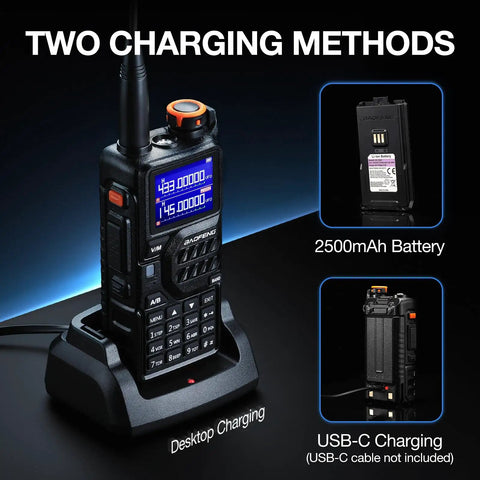 Tri-Band Ham Radio Long Range Handheld 10W Two Way Radio with charging dock and 2500mAh battery
