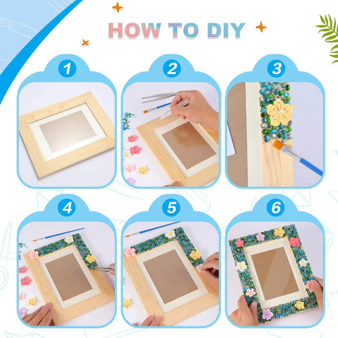 Mosaic Photo Frame Kit For Kids With Glass Pebbles, Hands On Arts And Crafts Activity step-by-step DIY guide showing decoration process.