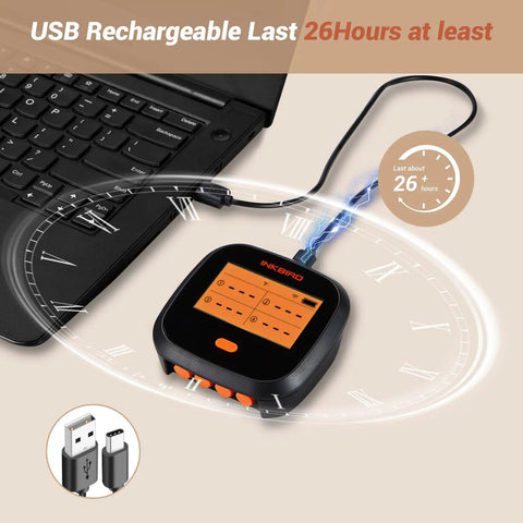 WiFi Meat Thermometer For Smoker And Oven With Four Probes charging via USB cable connected to laptop, showing 26-hour battery life.