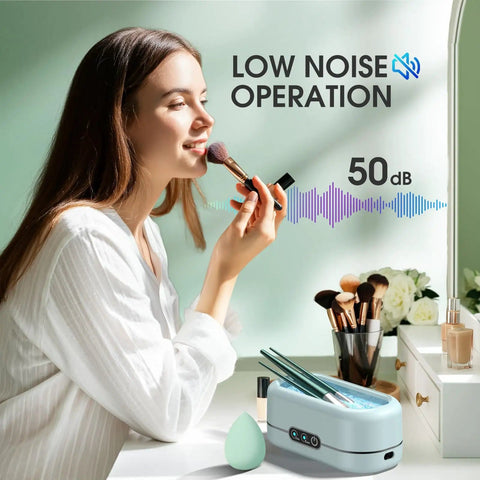 Woman near Ultrasonic Jewelry Cleaner With Digital Timer 50KHz Deep Clean In 304 Stainless Steel, showing low noise operation at 50 dB