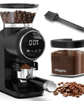 Ollygrin Electric Conical Burr Coffee Grinder With Touch Panel And 30 Precise Settings For Uniform Grinding, black design with coffee beans.