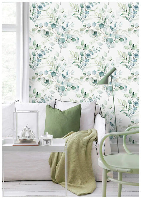 Peel And Stick Boho Green And White Eucalyptus Leaf Wallpaper For Walls Easy Install No Mess Removable And Repositionable Renter Friendly Durable Matte Finish Perfect For Nursery And Home Decor Seventeen Point Three Inches By Seventy Eight Point Seven in cozy living room with green accents.