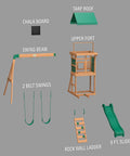 Buckley Hill Cedar Wood Swing Set With Wave Slide, Elevated Play Deck, Rock Wall Ladder, Belt Swings, Canopy Roof parts layout