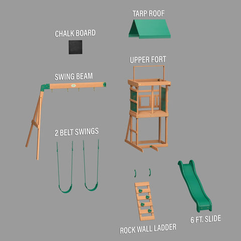 Buckley Hill Cedar Wood Swing Set With Wave Slide, Elevated Play Deck, Rock Wall Ladder, Belt Swings, Canopy Roof parts layout