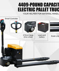 Heavy-Duty 4400 Lb Full Electric Pallet Jack With 48 Inch Forks perfect for moving big loads in warehouses and loading docks, displayed with features.