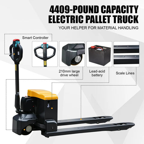 Heavy-Duty 4400 Lb Full Electric Pallet Jack With 48 Inch Forks perfect for moving big loads in warehouses and loading docks, displayed with features.