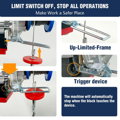 Limit switch and trigger device of 1760 Lb Heavy Duty Electric Hoist With Remote And Wired Control 2 In 1 Lift 110V Hoist