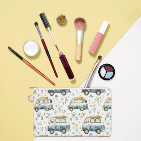 Slim Canvas Coin Purse And Card Holder For RV Lovers And Camp Buddies Zippered Wallet with campervan print and makeup items