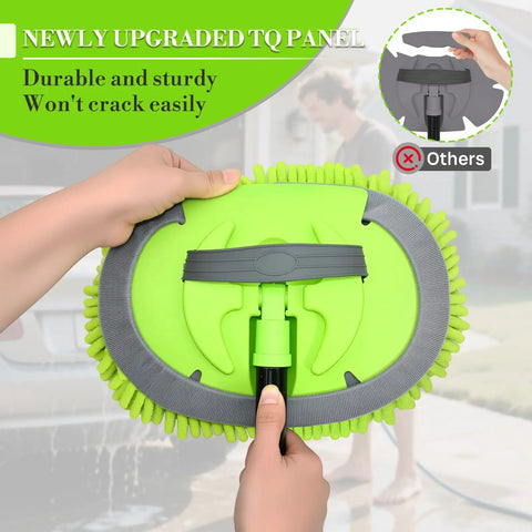 Close-up of Long Handle Car Wash Brush Kit With Microfiber Mop Mitt, green base, featuring a durable TQ panel for vehicle cleaning.