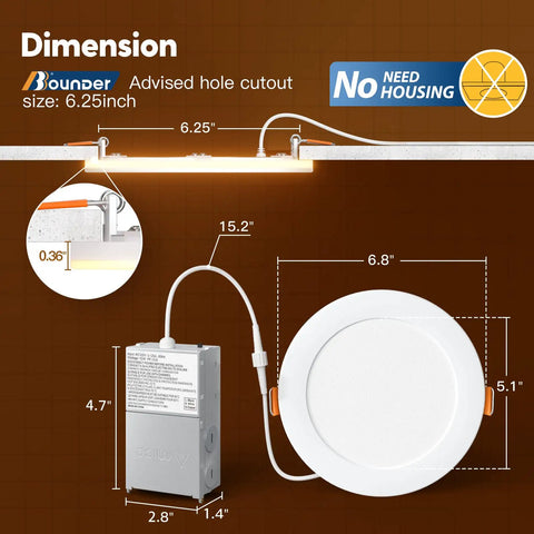 Diagram showing dimensions of 12 Pack 6 Inch LED Recessed Ceiling Lights With Night Light 5CCT Selectable 2700K To 5000K Ultra Thin Canless Wafer Downlight 12W Equal 110W 1100 Lumen ETL FCC.