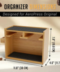 Bamboo AeroPress coffee organizer stand with dimensions 11.8W x 7.8H x 4.6D, featuring silicone drip mats for accessories and mugs.