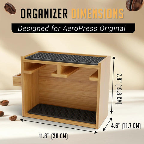 Bamboo AeroPress coffee organizer stand with dimensions 11.8W x 7.8H x 4.6D, featuring silicone drip mats for accessories and mugs.