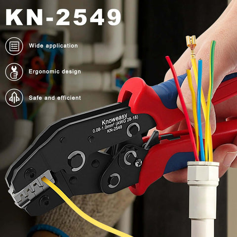 Knoweasy KN-2549 precision crimping tool, black body with red handle, for JST/Molex/Dupont terminals