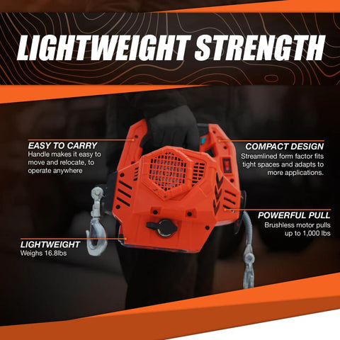 Person holding Workhorse Portable Electric Winch With 39 Feet Synthetic Rope Lifts Up To 1000 Pounds Brushless Motor Variable Speed