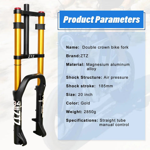 20 Inch Fat Tire Bike Front Air Suspension Fork With 180mm Travel And 135mm Hub Spacing Double Crown