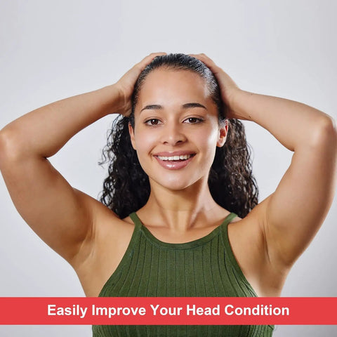 Person smiling with hands on head, promoting healthy scalp with Hair Steamer With Micro Mist Scalp Detox System For Pro Salon Use.