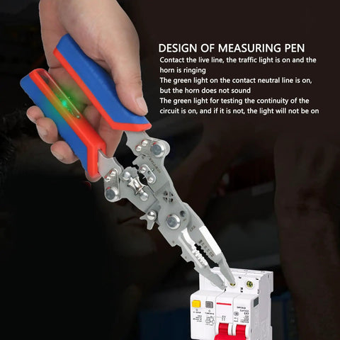 Ftvogue 16 In 1 Multifunctional Wire Stripping Pliers Folding Tool for Cutting Crimping and Twisting Cables in use testing circuit.