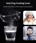 Anti Fog Safety Glasses over steaming glass, shows Six Pairs Clear Safety Glasses That Fit Over Your Glasses, Anti Fog Scratch Resistant Polycarbonate Eye Protection Goggles For Shooting, Lab, Outdoor, Work And Everyday Use Budget Friendly