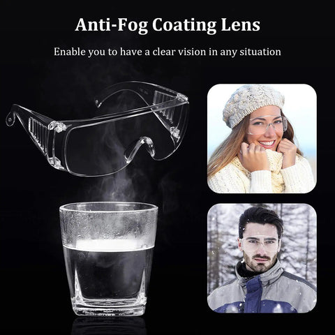 Anti Fog Safety Glasses over steaming glass, shows Six Pairs Clear Safety Glasses That Fit Over Your Glasses, Anti Fog Scratch Resistant Polycarbonate Eye Protection Goggles For Shooting, Lab, Outdoor, Work And Everyday Use Budget Friendly
