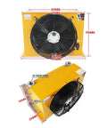 Yellow Beast Cooling Plate Heat Exchanger And Air Cooler For CNC Machine Tool Oil System 11.5KW with DC12V fan, dimensions labeled