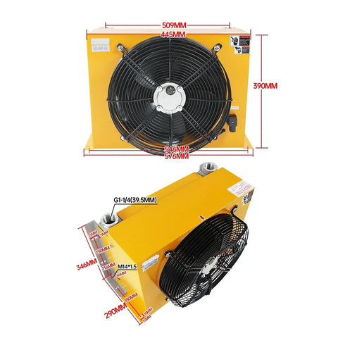 Yellow Beast Cooling Plate Heat Exchanger And Air Cooler For CNC Machine Tool Oil System 11.5KW with DC12V fan, dimensions labeled
