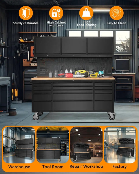 Hella Heavy Duty 72 Inch Rolling Tool Chest With 15 Drawers And Smooth Glide Wheels, Cold Rolled Steel Workshop Cabinet With Rubber Wood Top, Black Garage Storage Rack