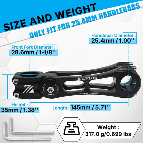Adjustable Bike Stem 25.4mm 31.8mm For MTB And Road Bikes, 145mm Length, aluminum, with size and weight details, black