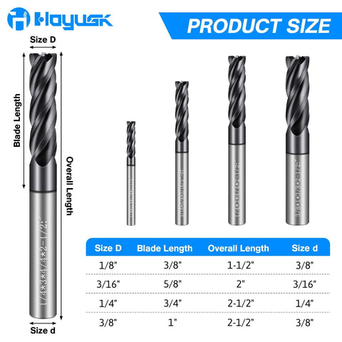 Carbide End Mill Set 4 Flute Square End Mills For Alloy Steel Hardened Steel Metal CNC Engraving And Milling size chart