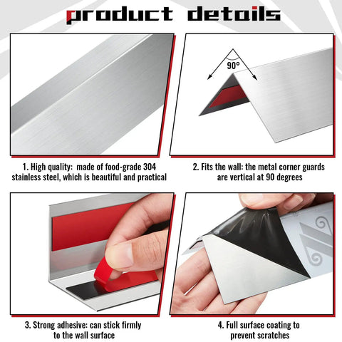 Product details of Premium 304 Stainless Steel Corner Guards showing adhesive application and corner fit at 90 degrees.