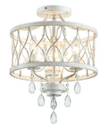 Straight Up Stunning Three Light Semi Flush Mount Crystal Ceiling Light Fixture In Vintage Rustic White Finish For Farmhouse Hallway Kitchen Entryway Bedroom Or Living Room, with crystal drops and iron frame.