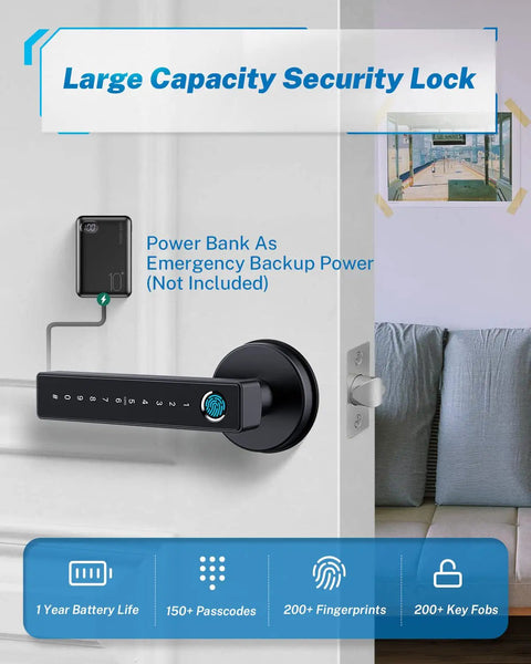 Keyless Entry Door Lock With Fingerprint, Keypad, And Handle, 5 In 1 Biometric Smart Lock For Front Door, Digital Door Lock With Card, App, And Key, Quick 0.3 Second Unlock, Great For Modern Home Security