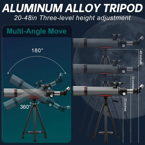 Aluminum alloy tripod for All In One Dope High Powered 90mm Aperture Refractor Telescope showing multi-angle and height adjustments.
